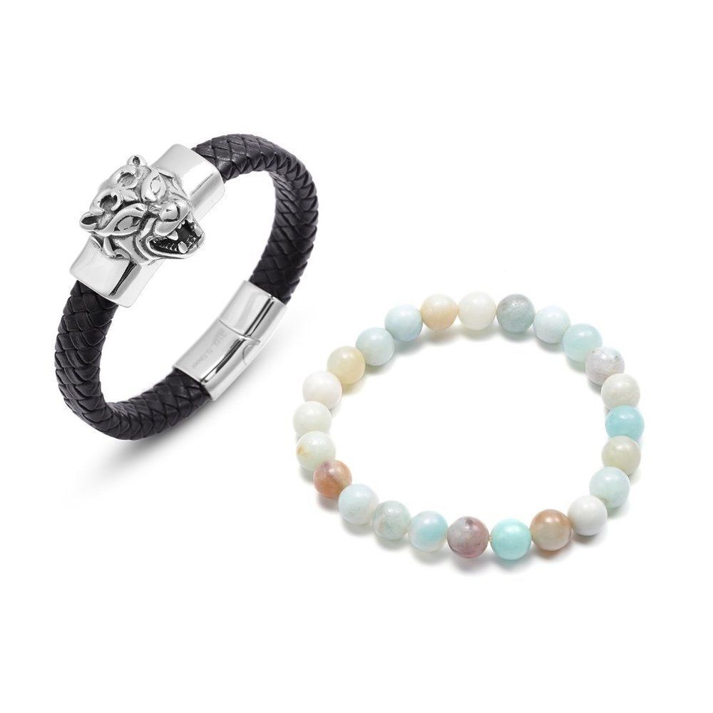 Amazonite Beads, Genuine Leather Wolf Bracelet in Stainless Steel Set of 2